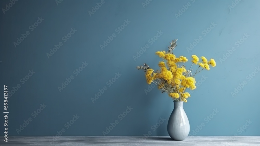 Vase with decorative plant branch against blue wall background. Minimalist interior mockup. Generati