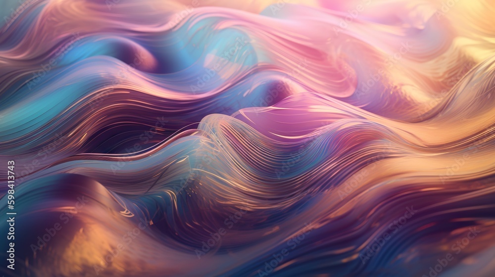 Wavy holographic foil. Neon gradient crumpled surface. Dreamy Y2K background. Generative AI