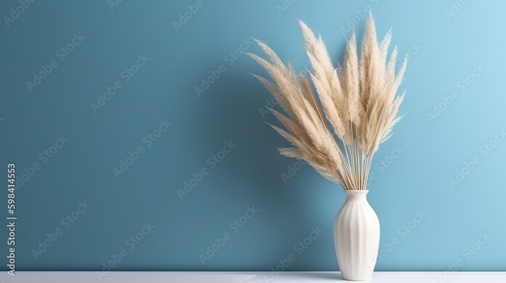 Vase with decorative plant branch against blue wall background. Minimalist interior mockup. Generati