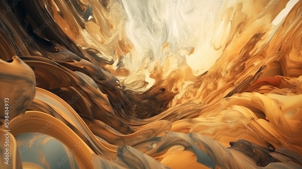 Closeup of caramel vortex. Swirl of sweet golden cream. Generative AI