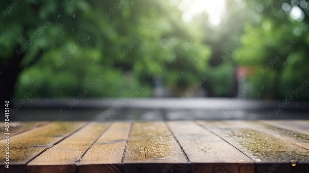 Wood table mockup with summer rain over green landscape. Empty copy space for product presentation. 