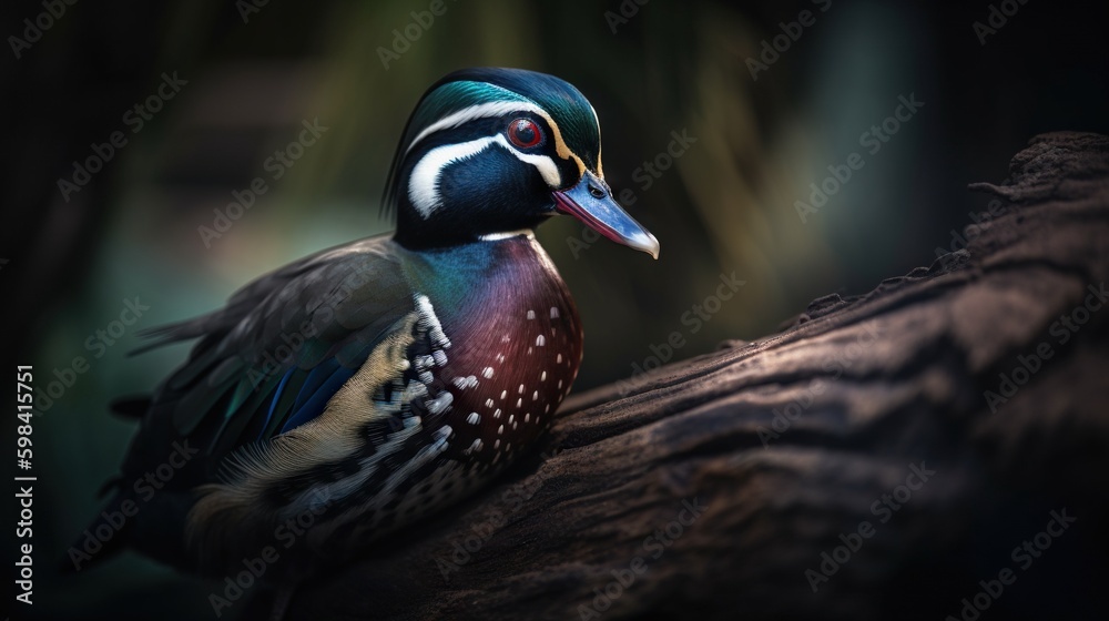 A wood duck bird portrait. Blurry background. Generative AI