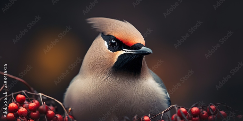 A Bohemian Waxwing bird stands on a tree branch. Generative AI