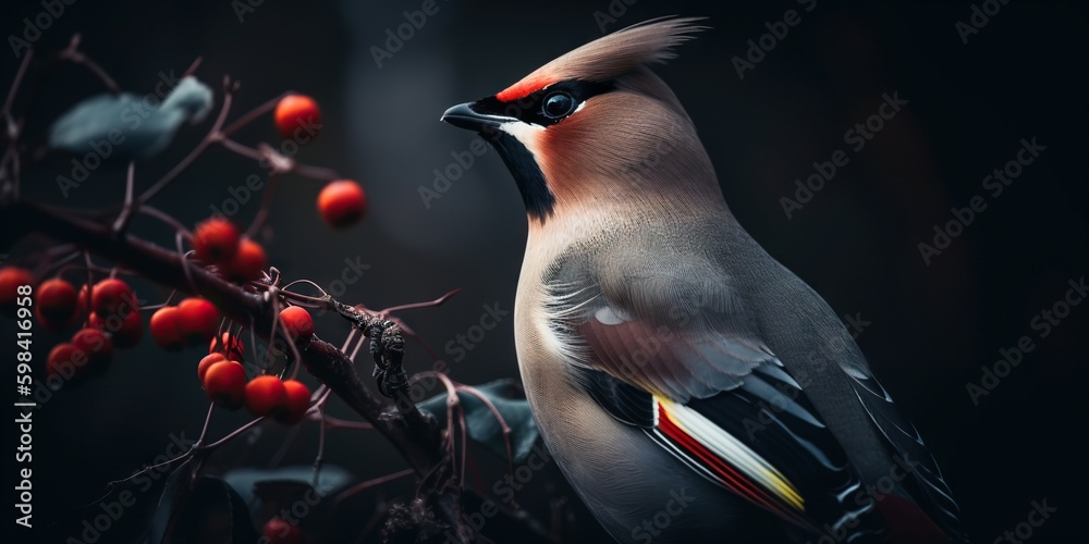 A Bohemian Waxwing bird stands on a tree branch. Generative AI