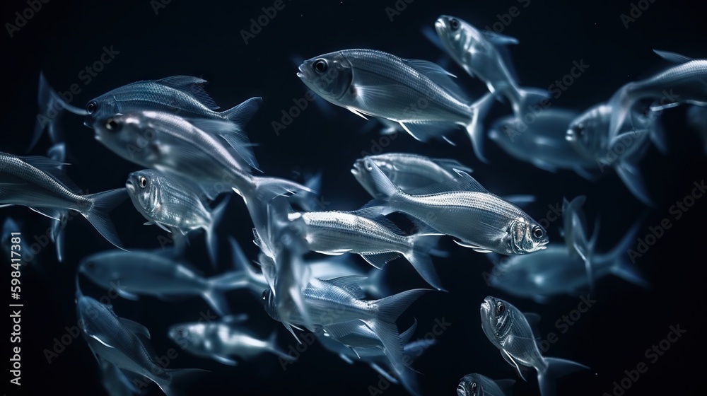 School of small silver fish underwater. Marine life. Generative AI