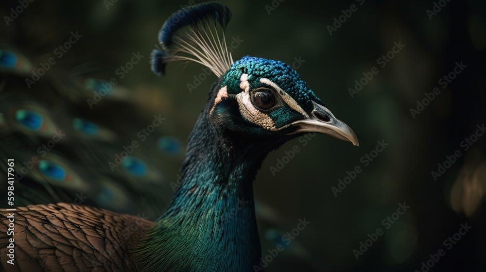 Close up photo of Peacock bird on forest background. Generative AI