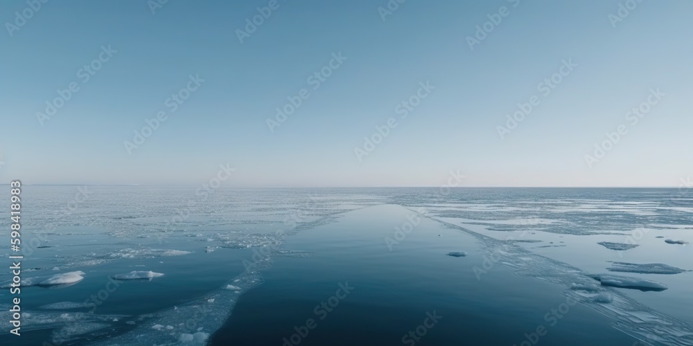 Winter sea landscape with floating ice fragments on still cold water. Generative AI