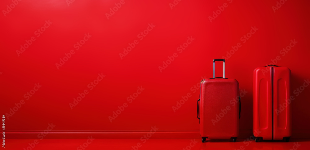 Red travel suitcase, on red background. Trip concept. Generative AI