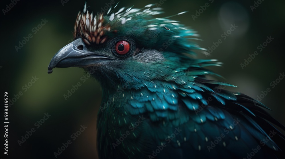 Female Quetzal bird with forest background. Generative AI