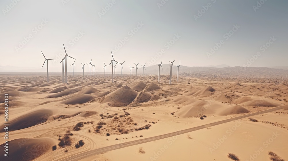 Wind turbines in the desert. Renewable energy concept with sand dunes. Generative AI