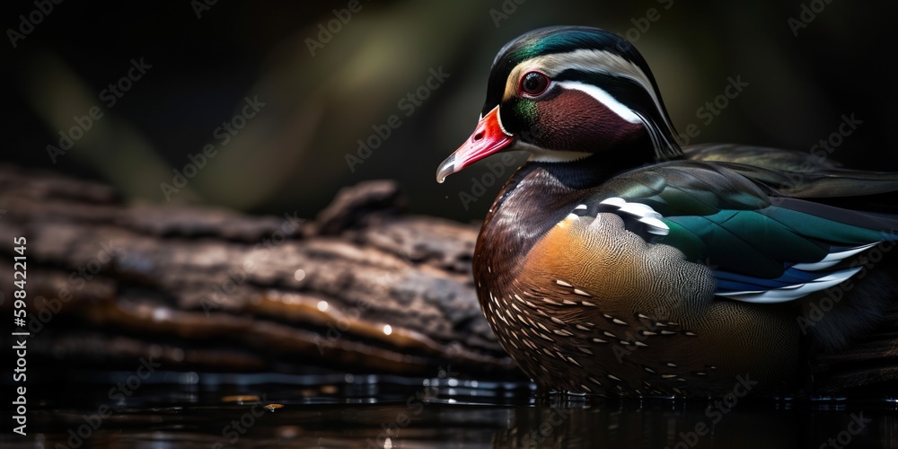 A wood duck bird portrait. Blurry background. Generative AI