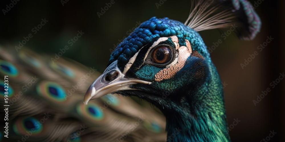 Close up photo of Peacock bird on forest background. Generative AI