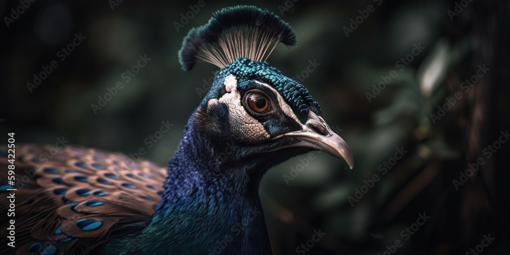 Close up photo of Peafowl bird on forest background. Generative AI