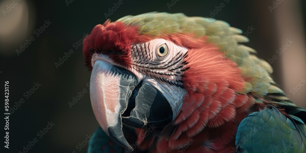 Profile portrait of green-winged macaw parrot. Generative AI