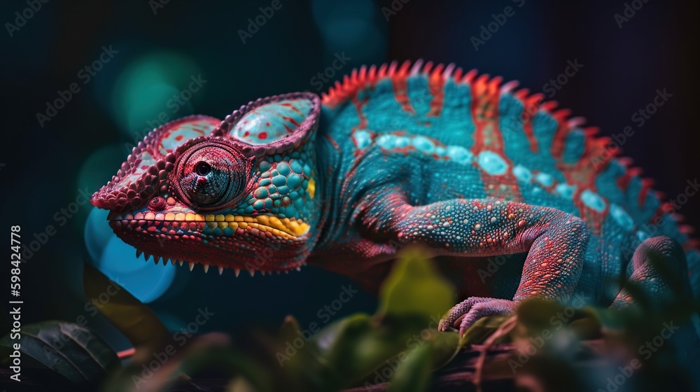 Colorful chameleon isolated on leaves background. Lizard on the green leaves. Generative AI