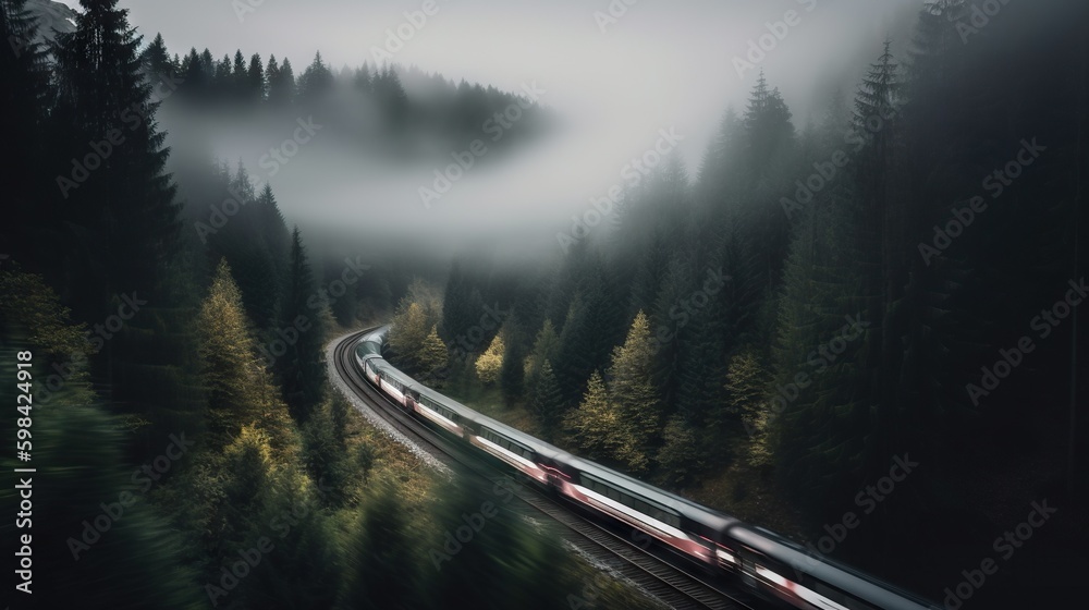 Speed passenger train moving in the mist mountains covered with forest. Generative AI