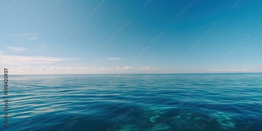 Panorama landscape of empty blue sea and sky blue background. Generative AI