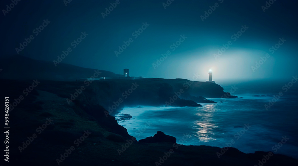 Lighthouse on a cliff edge in stormy and misty weather. Night landscape. Generative AI