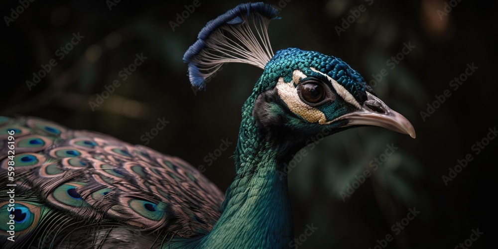 Close up photo of Peacock bird on forest background. Generative AI