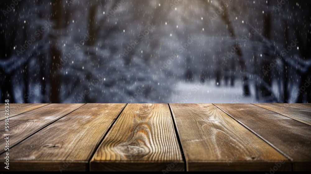 Wood table mockup with falling snow on background. Empty copy space for product presentation. Genera