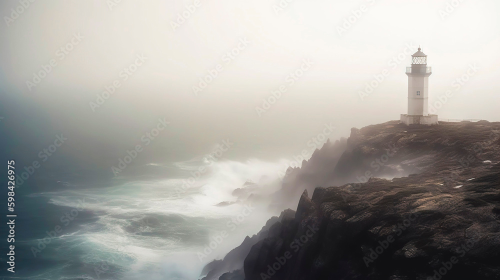 Lighthouse on a cliff edge in stormy and misty weather. Generative AI