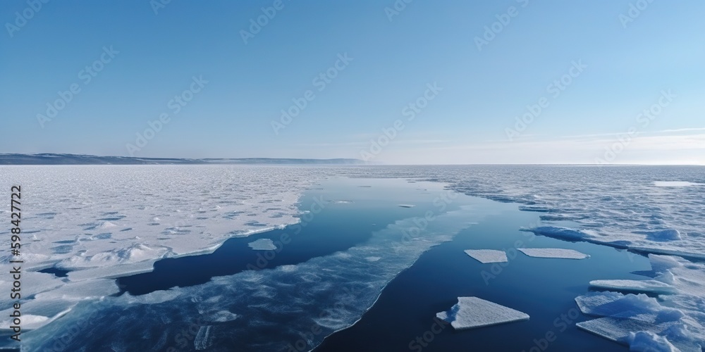 Winter sea landscape with floating ice fragments on still cold water. Generative AI