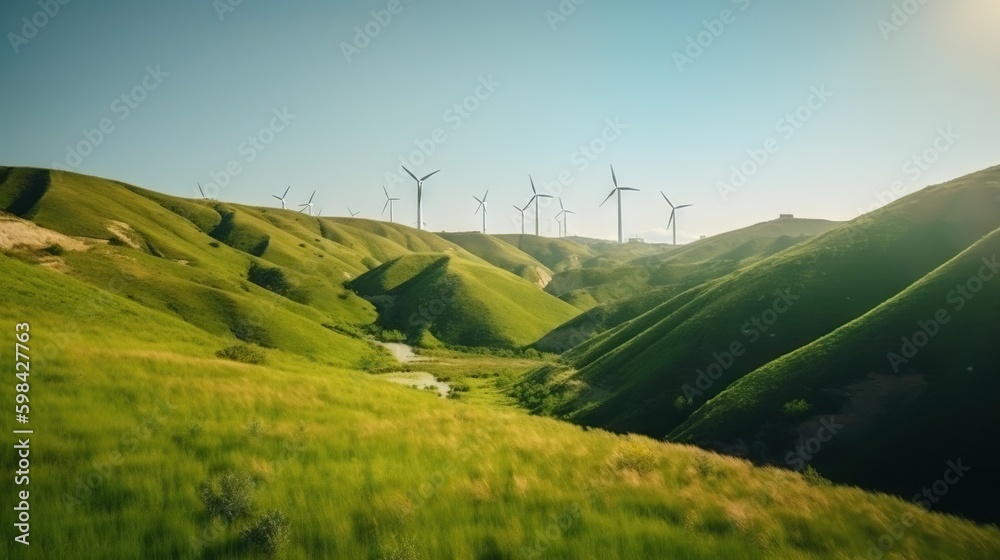 Power generating windmills on green hills. Renewable energy concept. Generative AI