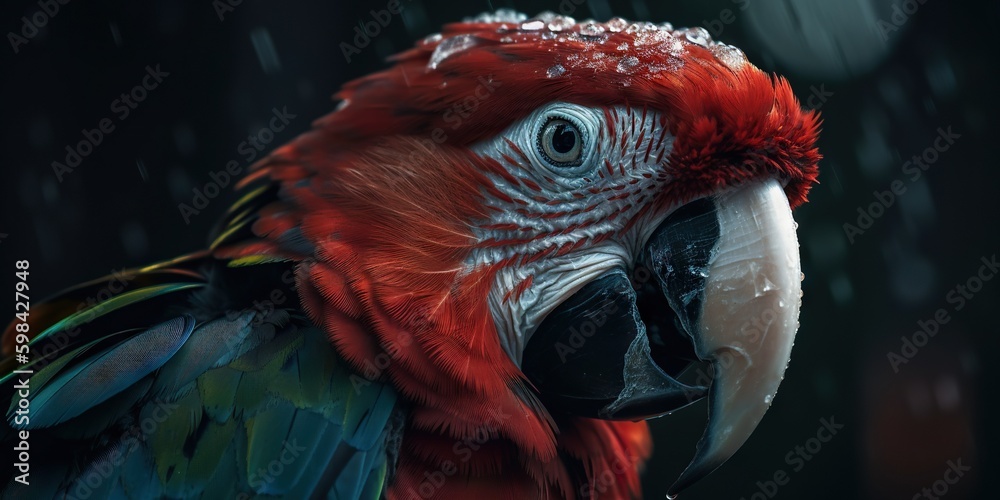 Scarlet macaw parrot on forest background. Generative AI