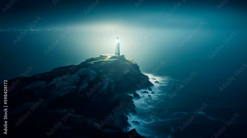 Lighthouse on a cliff edge in stormy and misty weather. Night landscape. Generative AI