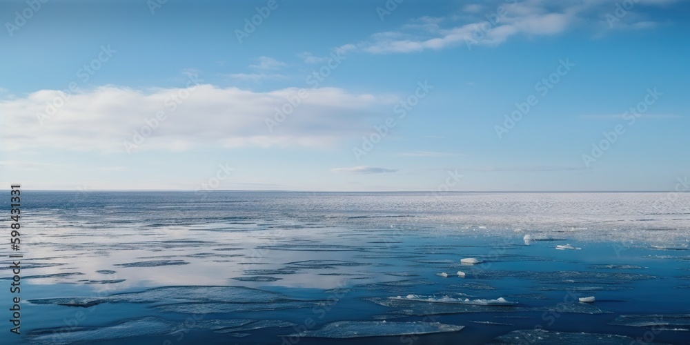 Winter sea landscape with floating ice fragments on still cold water. Generative AI