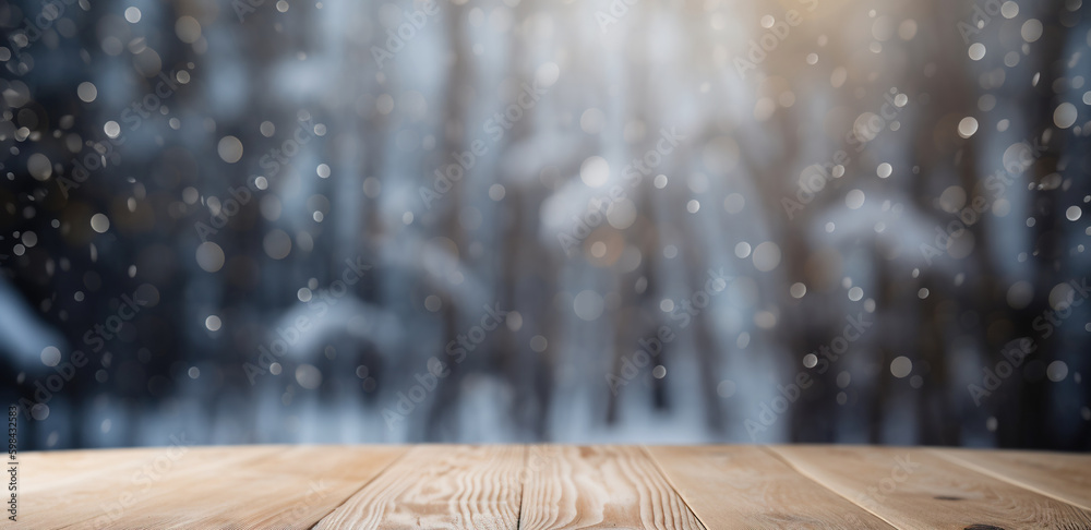 Wood table mockup with falling snow on background. Empty copy space for product presentation. Genera