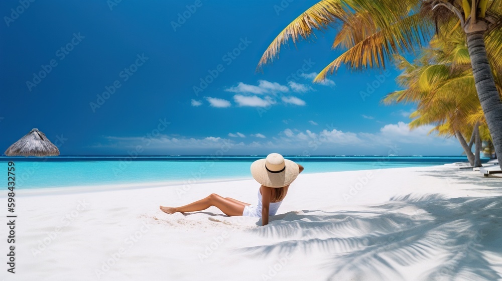 Woman relaxing on tropical beach against paradise ocean. Summer seascape with palm leaves. Generativ