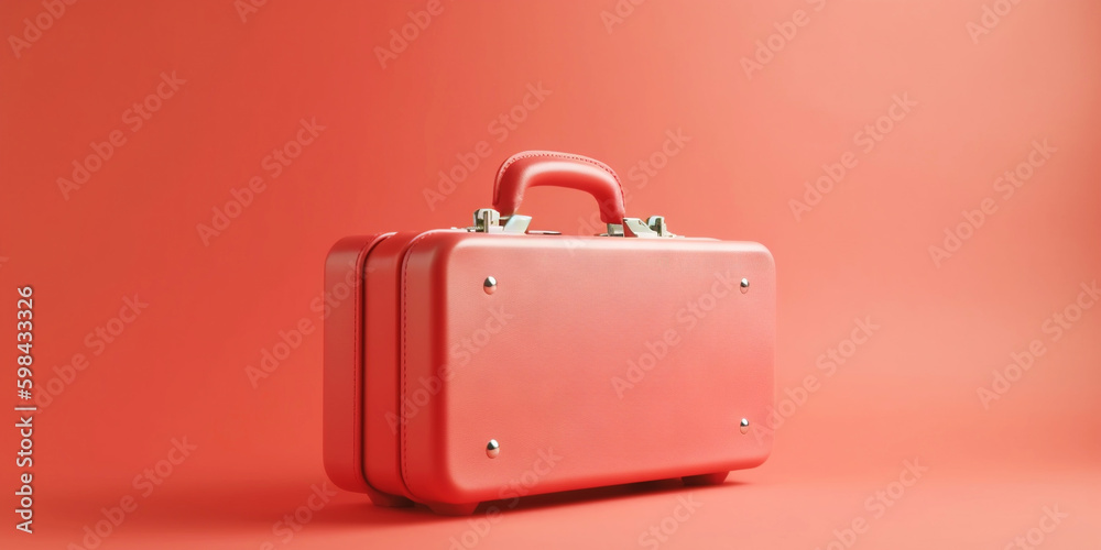 Red travel suitcase, on red background. Trip concept. Generative AI