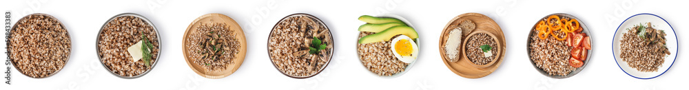 Set of tasty buckwheat porridge on white background, top view