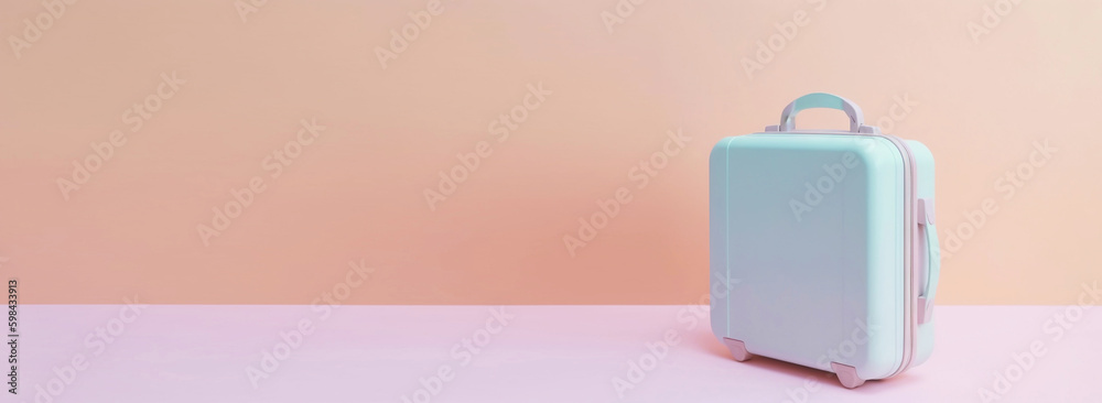 Pastel colored scene with travel suitcases, on uniform background. Trip concept. Generative AI