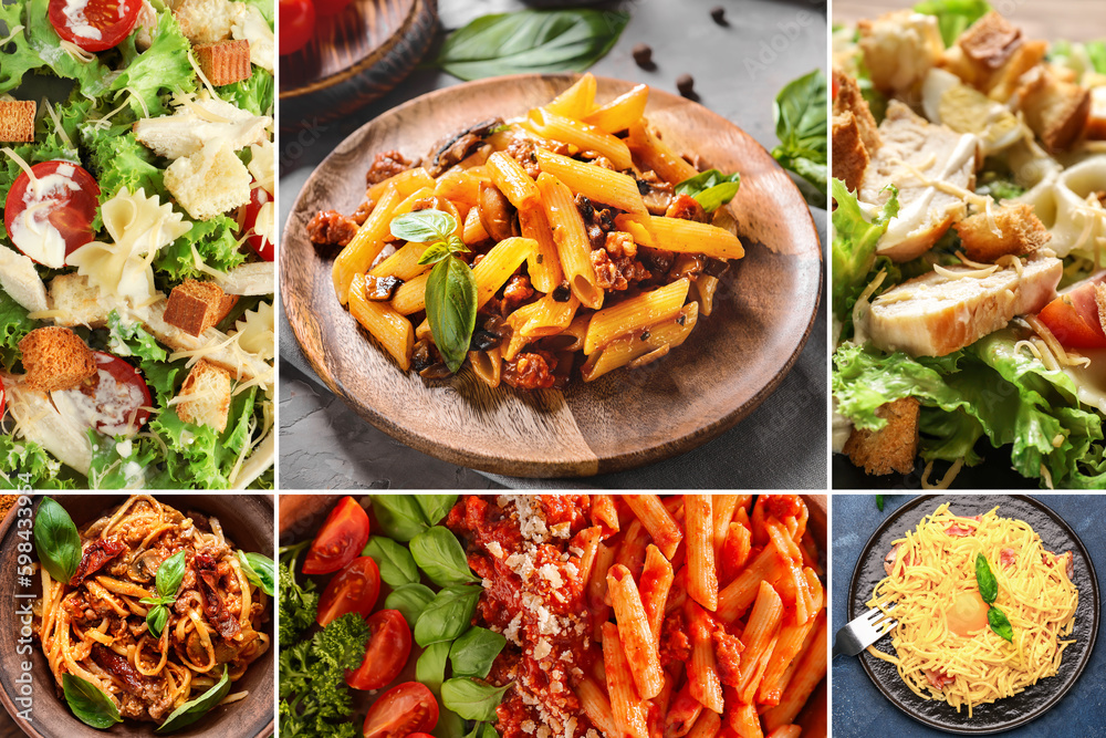 Collage of tasty pasta dishes, closeup