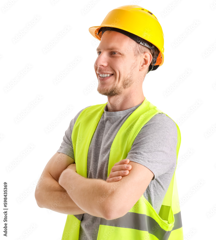 Male worker in vest and hardhat on white background