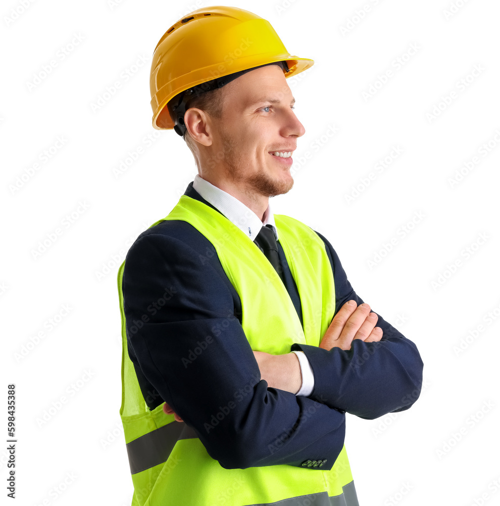 Male architect in vest on white background