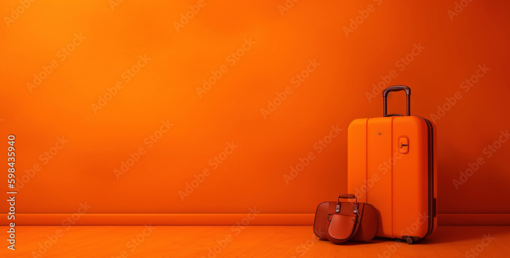 Orange travel suitcase, on orange background. Trip concept. Generative AI