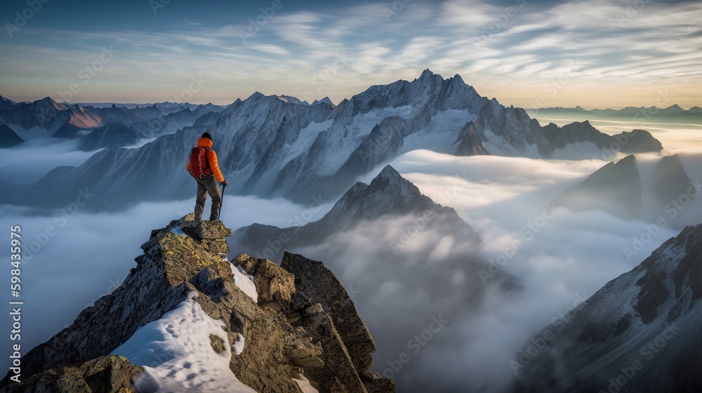 Explorer stand in front of high mountain peak landscape. Generative AI