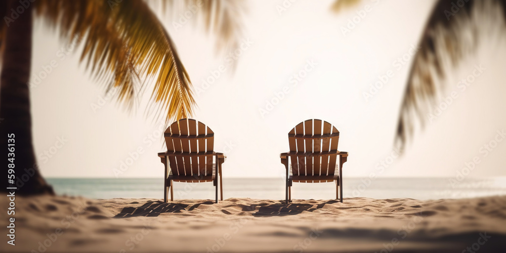 Two beach chair on beautiful tropical beach. Travel paradise concept. Generative AI