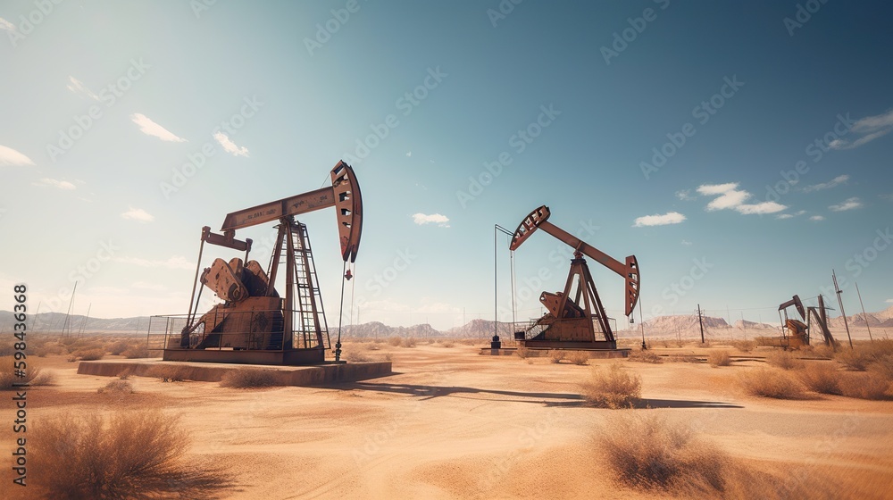 Working oil pumps in desert place. Natural resources industry. Oil rig in dunes. Generative AI