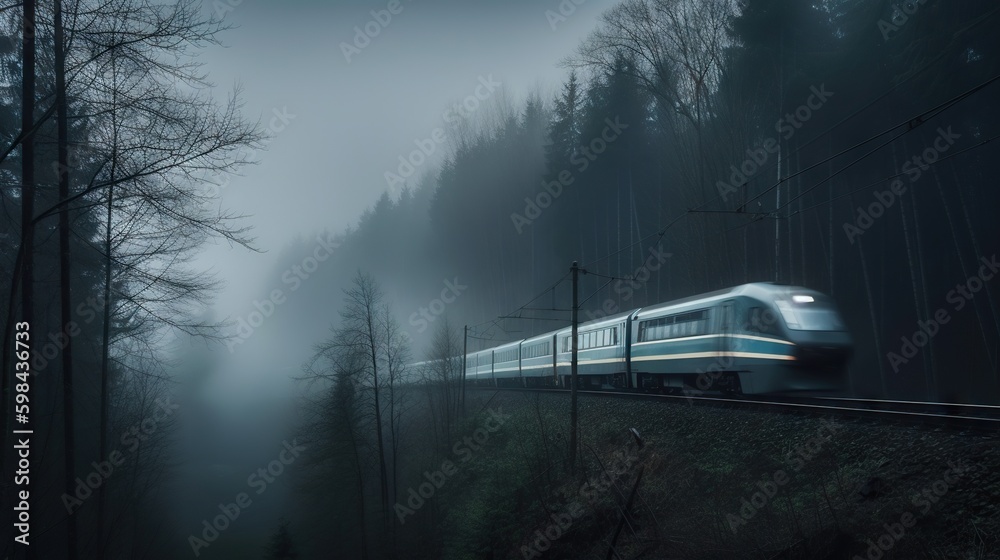 Speed passenger train moving in the mist mountains covered with forest. Generative AI