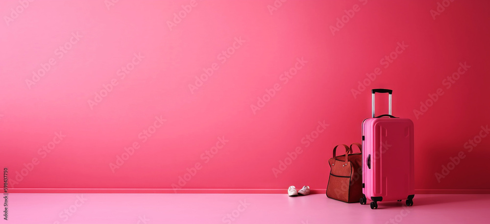 Pink travel suitcase, on pink background. Trip concept. Generative AI