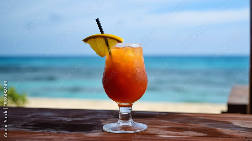 Dirty Monkey cocktail on background with blue sea and sky tropical background. Generative AI