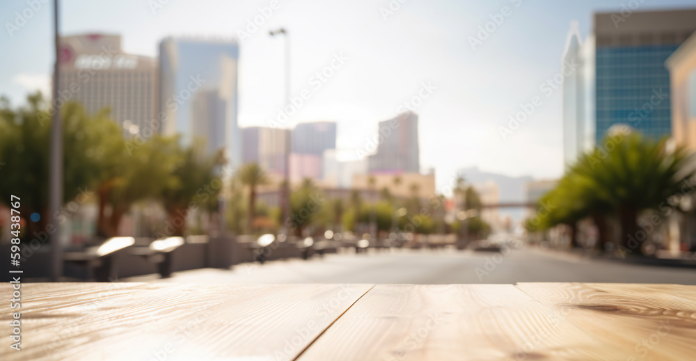 Wood table mockup with London city street in shallow depth of field. Copy space for product. Generat