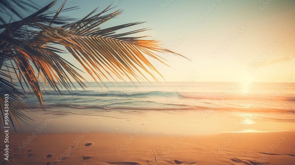 Tropical summer seascape with palm leaves, beach and paradise ocean on sunset. Generative AI