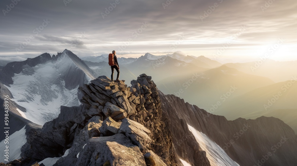 Explorer stand in front of high mountain peak landscape. Generative AI