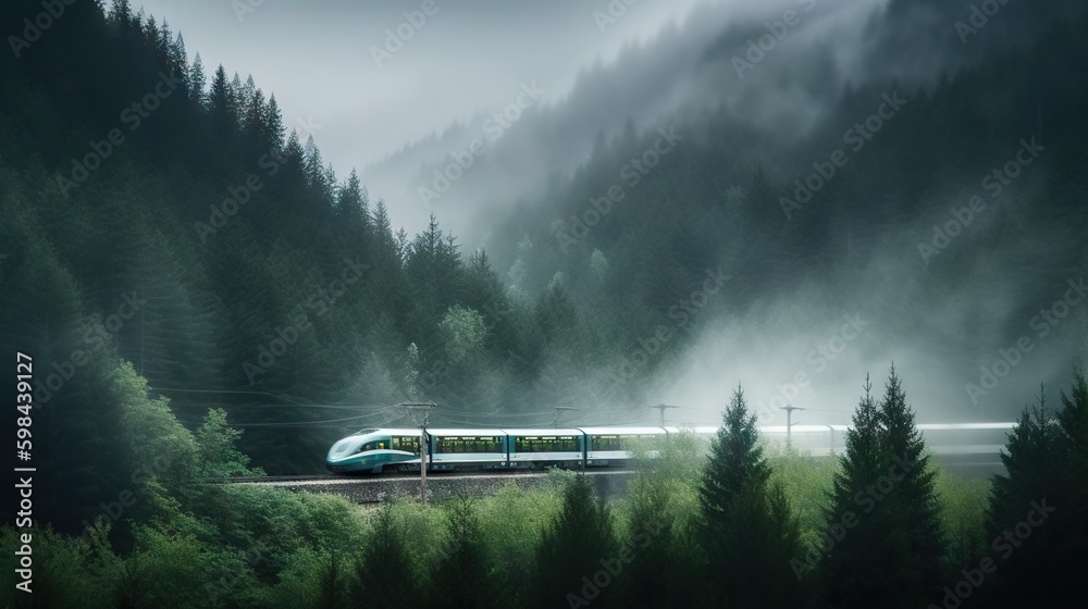 Speed passenger train moving in the mist mountains covered with forest. Generative AI