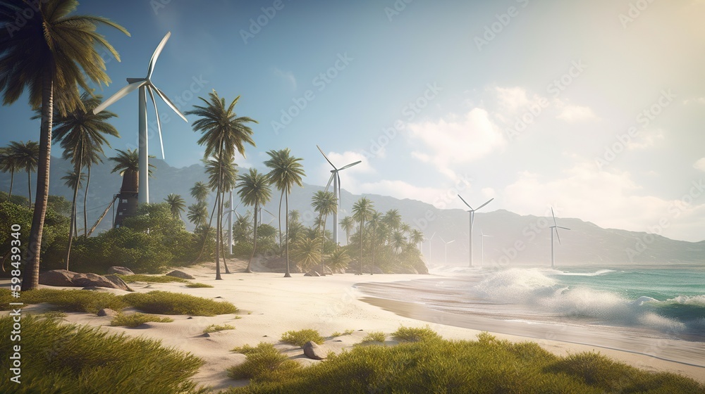 Windmill farm on the tropical ocean shore, windmills on a sunny day. Generative AI